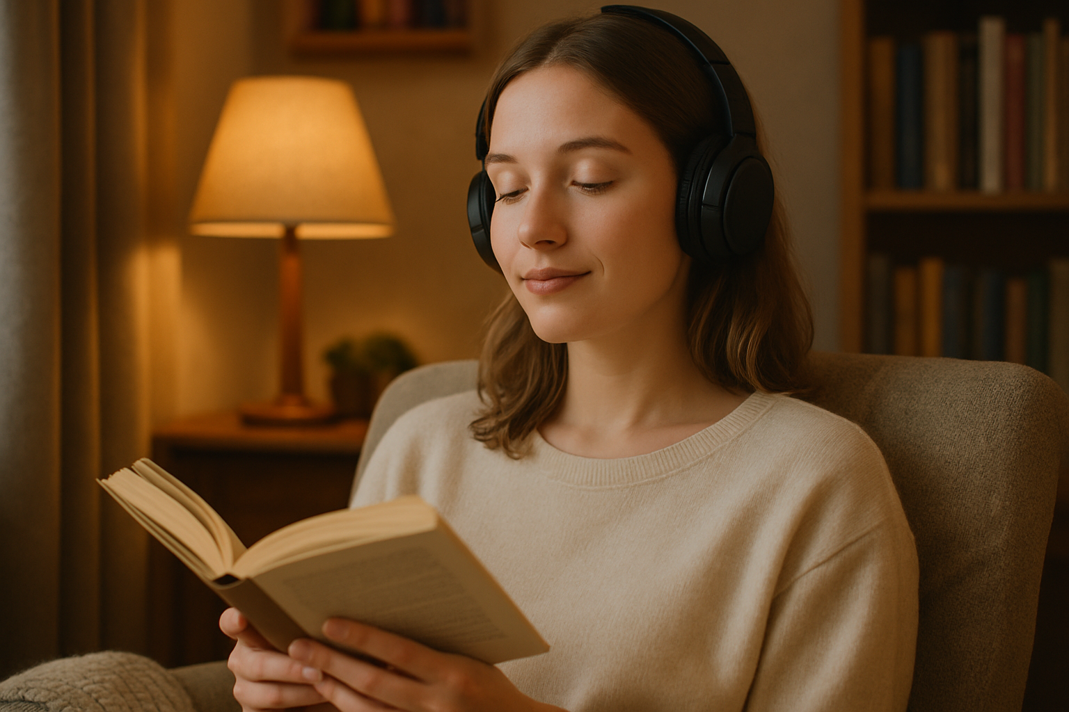 девушка белая в наушниках слушает аудио книгу